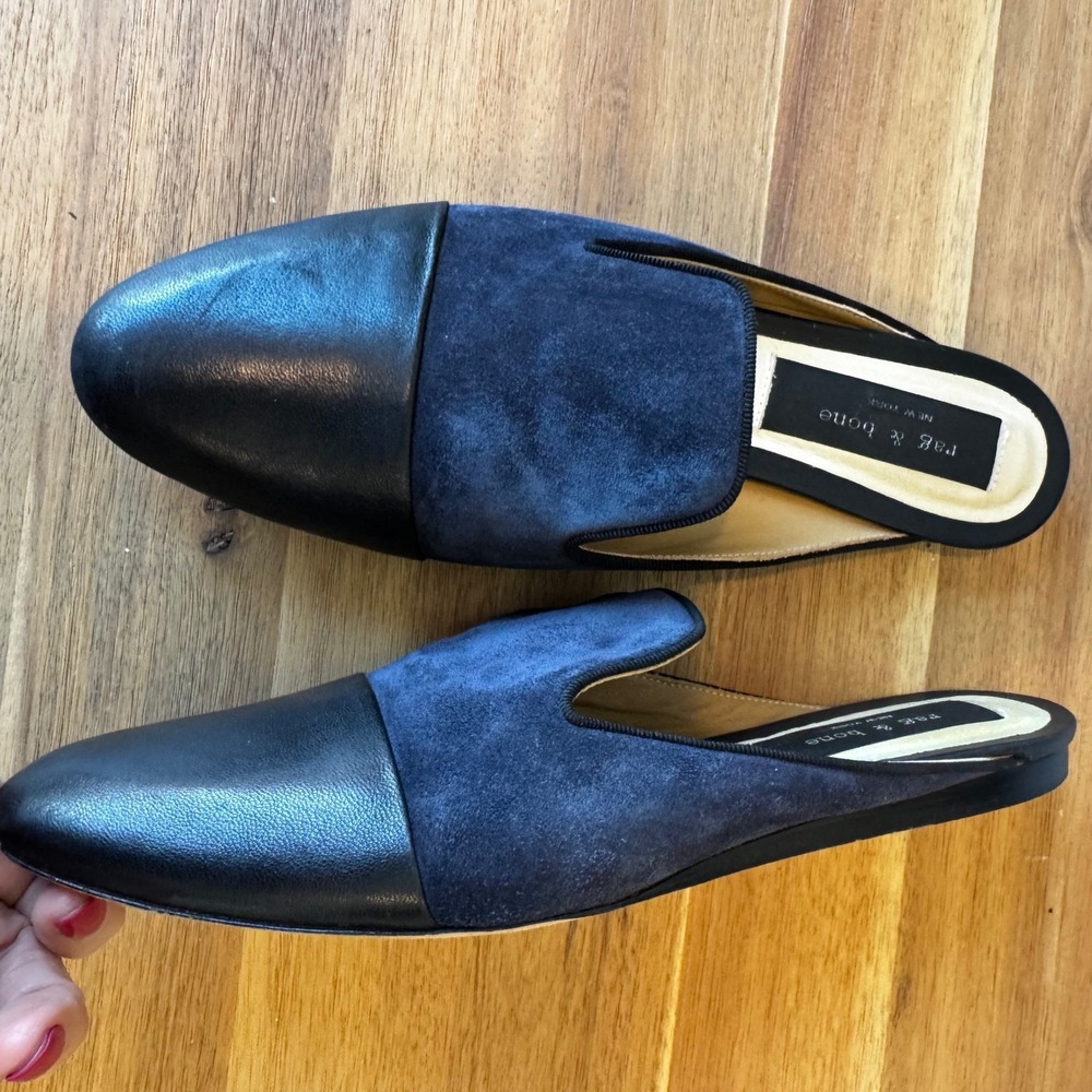 Rag & Bone Women 7.5 EU 37.5 Navy Blue Suede Black Leather Mixed Media Mule